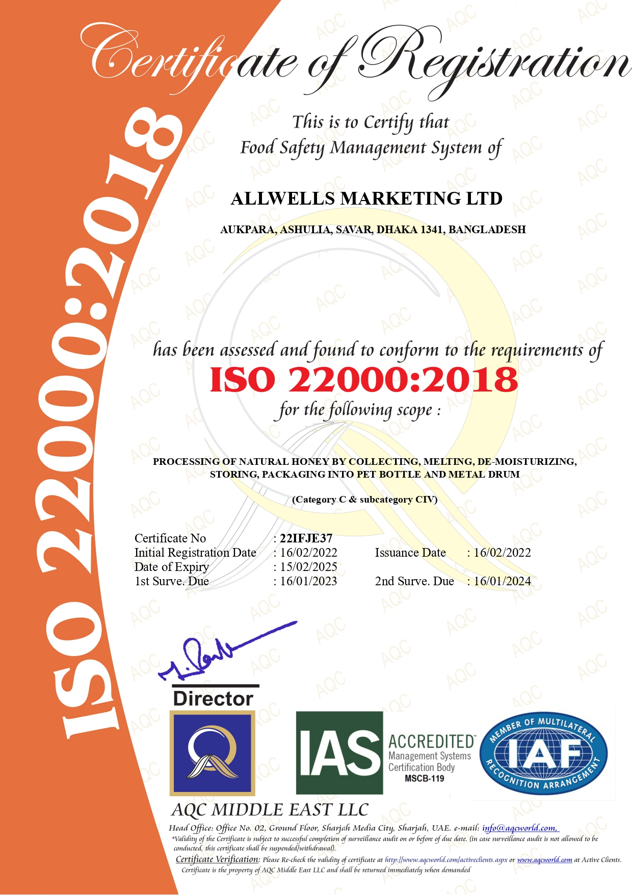 ISO 22000:2018 Certificate